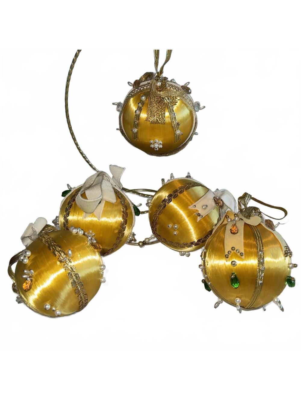 Satin Wrapped vintage Gold Pushpin Ball Ornaments Handmade Amber Green 5